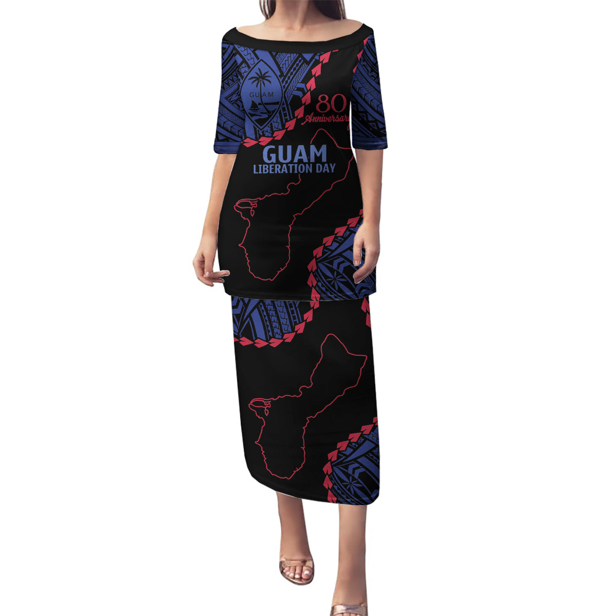 Personalized Guam 80th Anniversary Liberation Day Family Matching Puletasi and Hawaiian Shirt Guahan Basic Seal LT9 Mom's Dress Black - Polynesian Pride