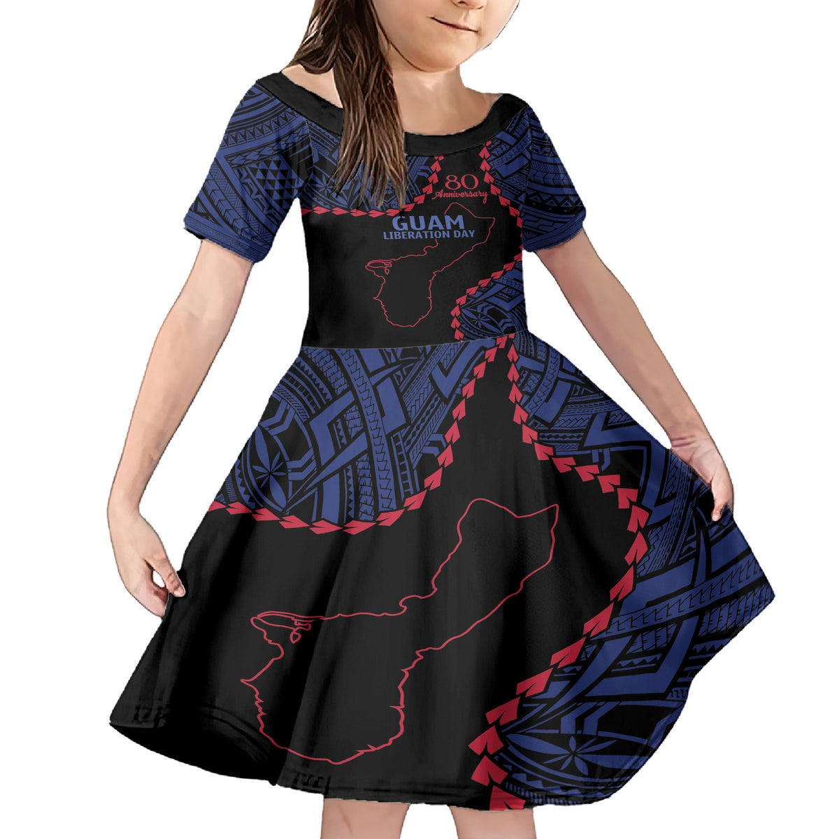 Personalized Guam 80th Anniversary Liberation Day Family Matching Short Sleeve Bodycon Dress and Hawaiian Shirt Guahan Basic Seal LT9 Daughter's Dress Black - Polynesian Pride