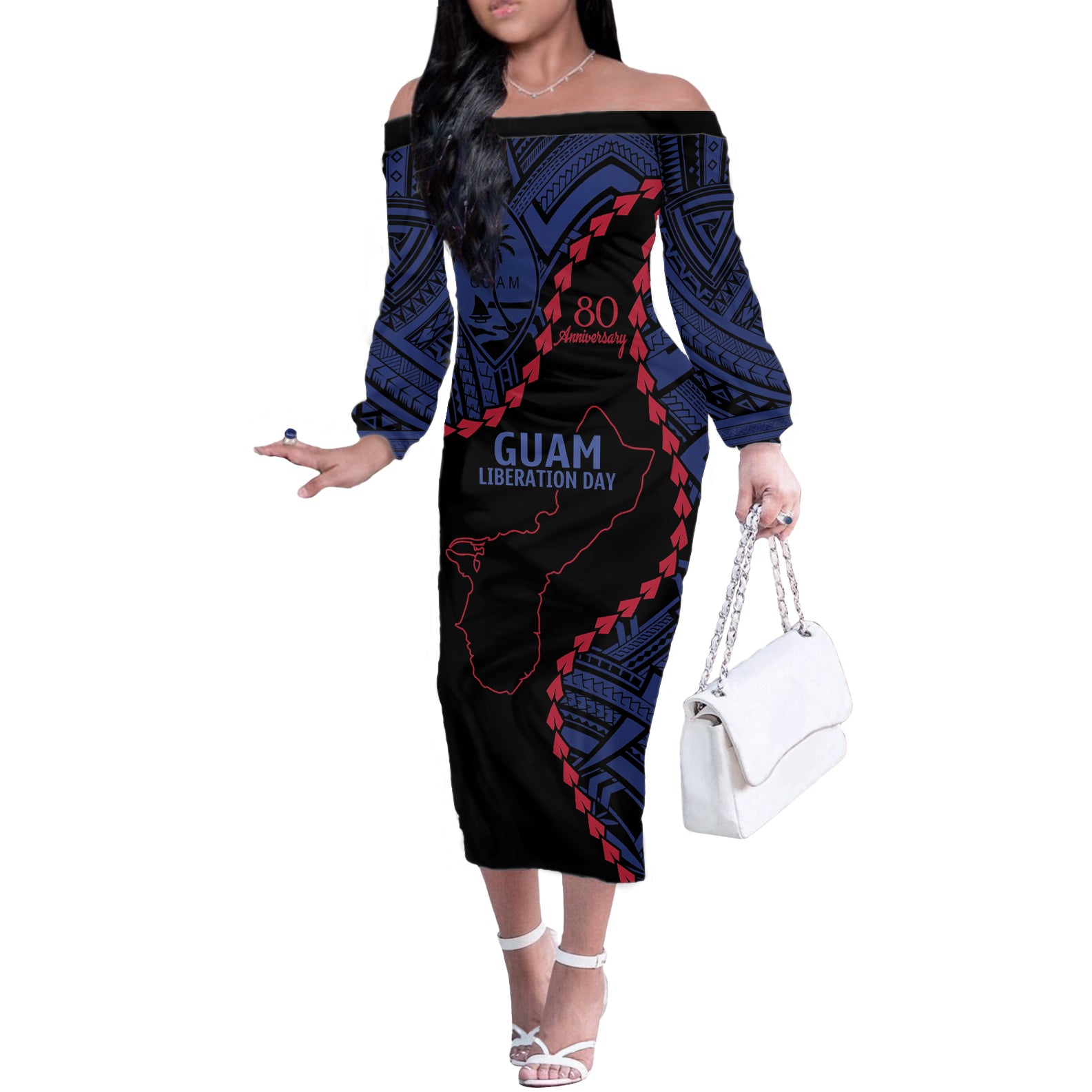 Personalized Guam 80th Anniversary Liberation Day Off The Shoulder Long Sleeve Dress Guahan Basic Seal