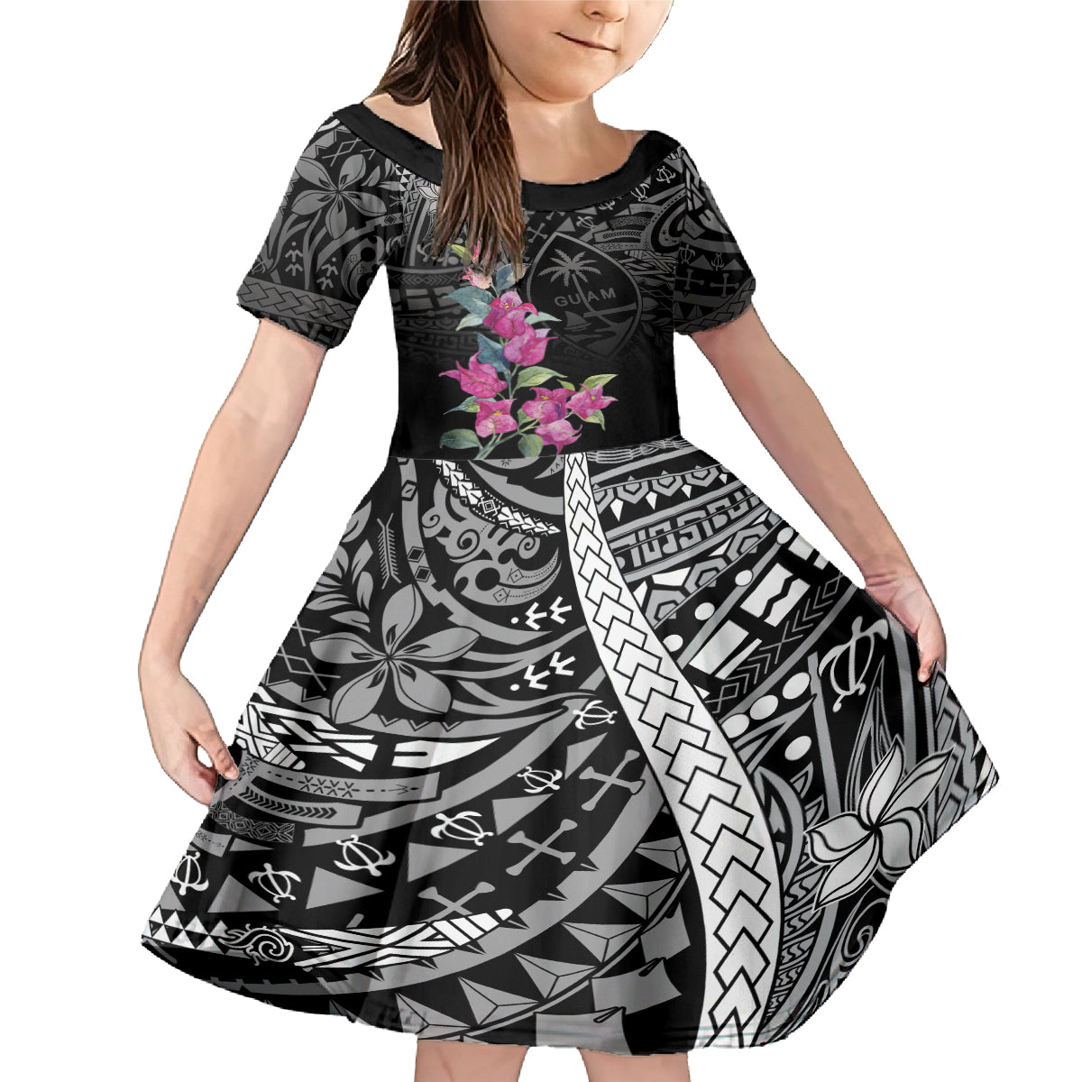 Guahan Puti Tai Nobiu Family Matching Mermaid Dress and Hawaiian Shirt Guam Bougainvillea Flower Art