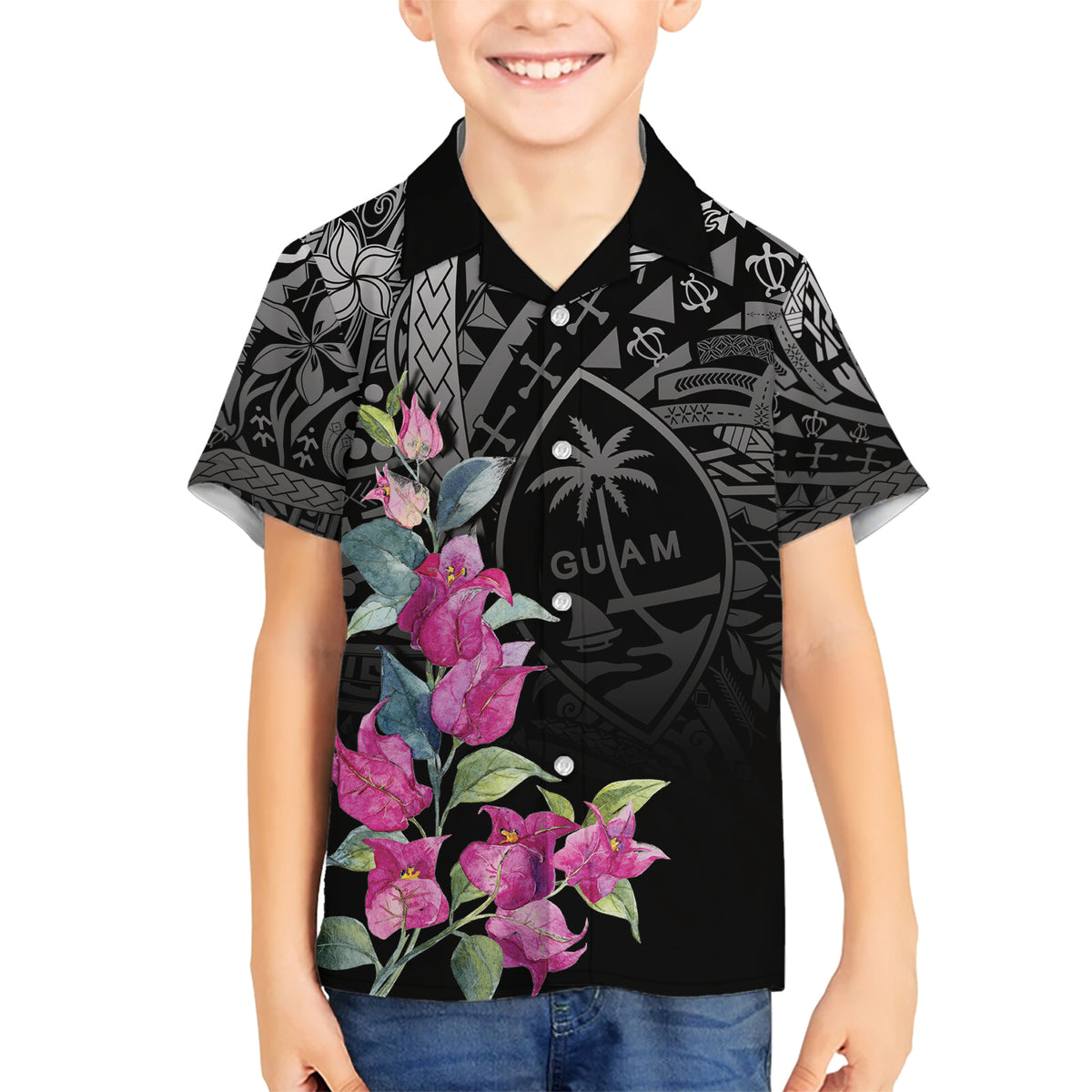 Guahan Puti Tai Nobiu Family Matching Short Sleeve Bodycon Dress and Hawaiian Shirt Guam Bougainvillea Flower Art
