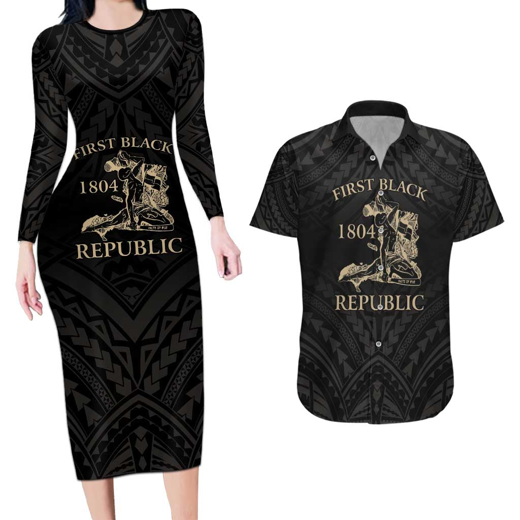 Personalized Haiti First Black Republic Couples Matching Long Sleeve Bodycon Dress and Hawaiian Shirt Negre Marron With Map And Flag LT9 Black - Polynesian Pride