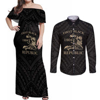 Personalized Haiti First Black Republic Couples Matching Off Shoulder Maxi Dress and Long Sleeve Button Shirt Negre Marron With Map And Flag LT9 Black - Polynesian Pride