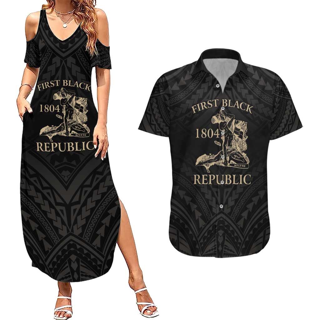 Personalized Haiti First Black Republic Couples Matching Summer Maxi Dress and Hawaiian Shirt Negre Marron With Map And Flag LT9 Black - Polynesian Pride