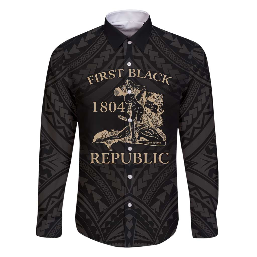 Personalized Haiti First Black Republic Family Matching Mermaid Dress and Hawaiian Shirt Negre Marron With Map And Flag LT9 Dad's Shirt - Long Sleeve Black - Polynesian Pride