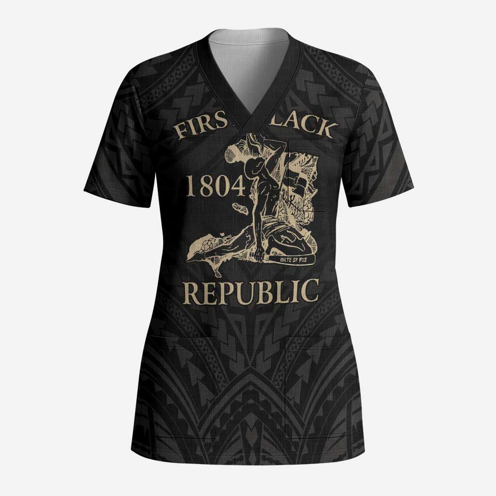 Personalized Haiti First Black Republic Scrub Top Negre Marron With Map And Flag LT9 Adult Black - Polynesian Pride