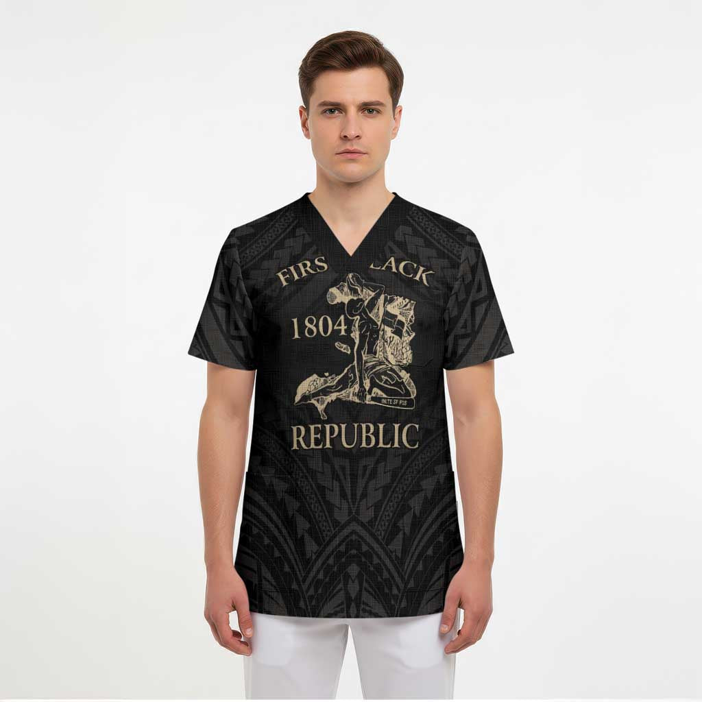 Personalized Haiti First Black Republic Scrub Top Negre Marron With Map And Flag - Polynesian Pride