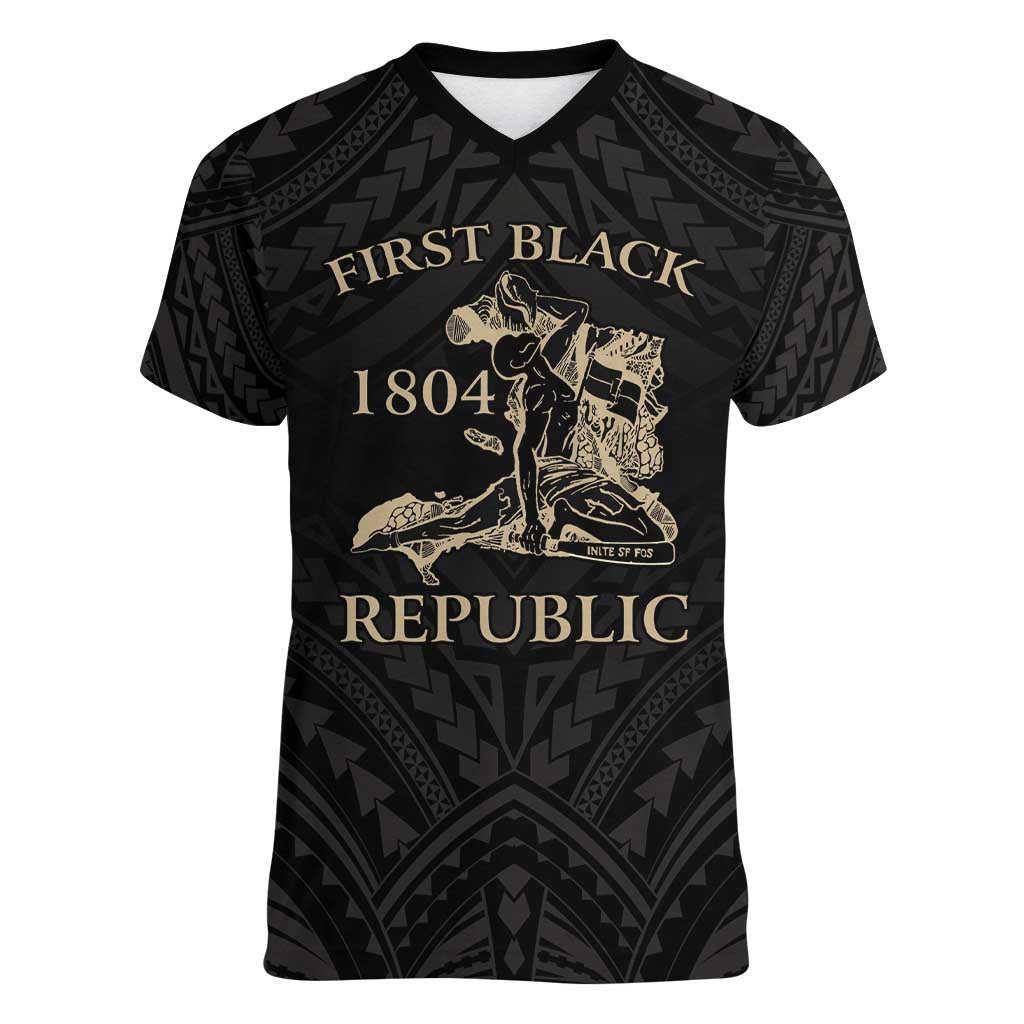 Personalized Haiti First Black Republic Women V-Neck T-Shirt Negre Marron With Map And Flag LT9 Female Black - Polynesian Pride