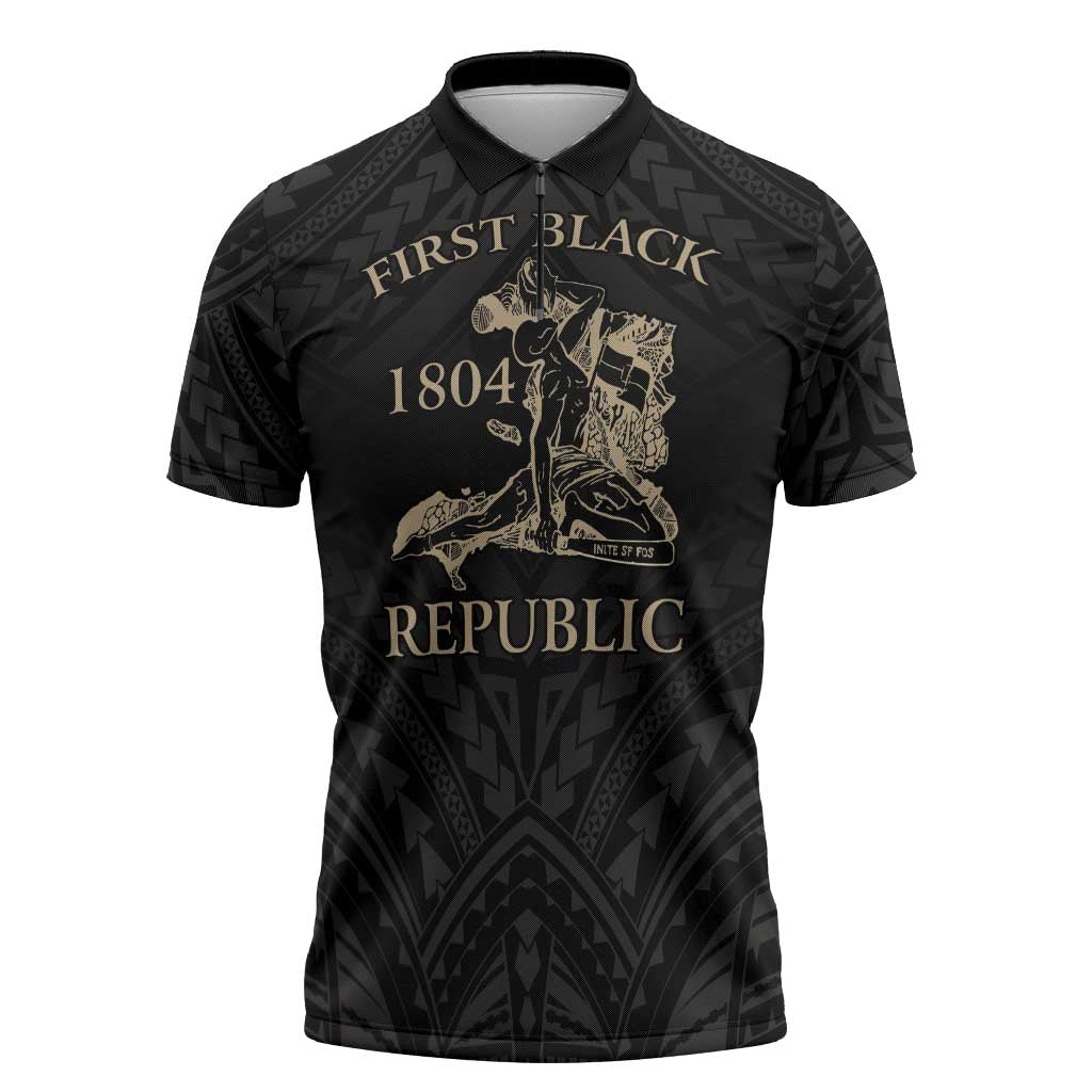 Personalized Haiti First Black Republic Zipper Polo Shirt Negre Marron With Map And Flag - Polynesian Pride