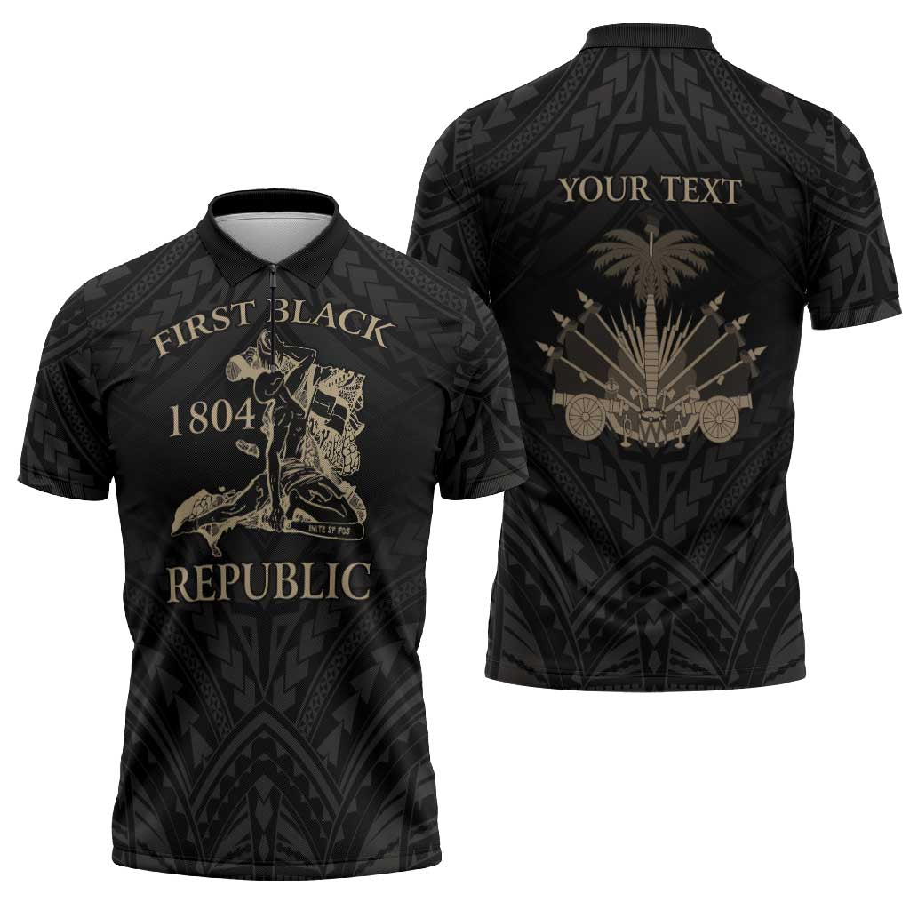 Personalized Haiti First Black Republic Zipper Polo Shirt Negre Marron With Map And Flag - Polynesian Pride