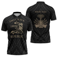 Personalized Haiti First Black Republic Zipper Polo Shirt Negre Marron With Map And Flag - Polynesian Pride