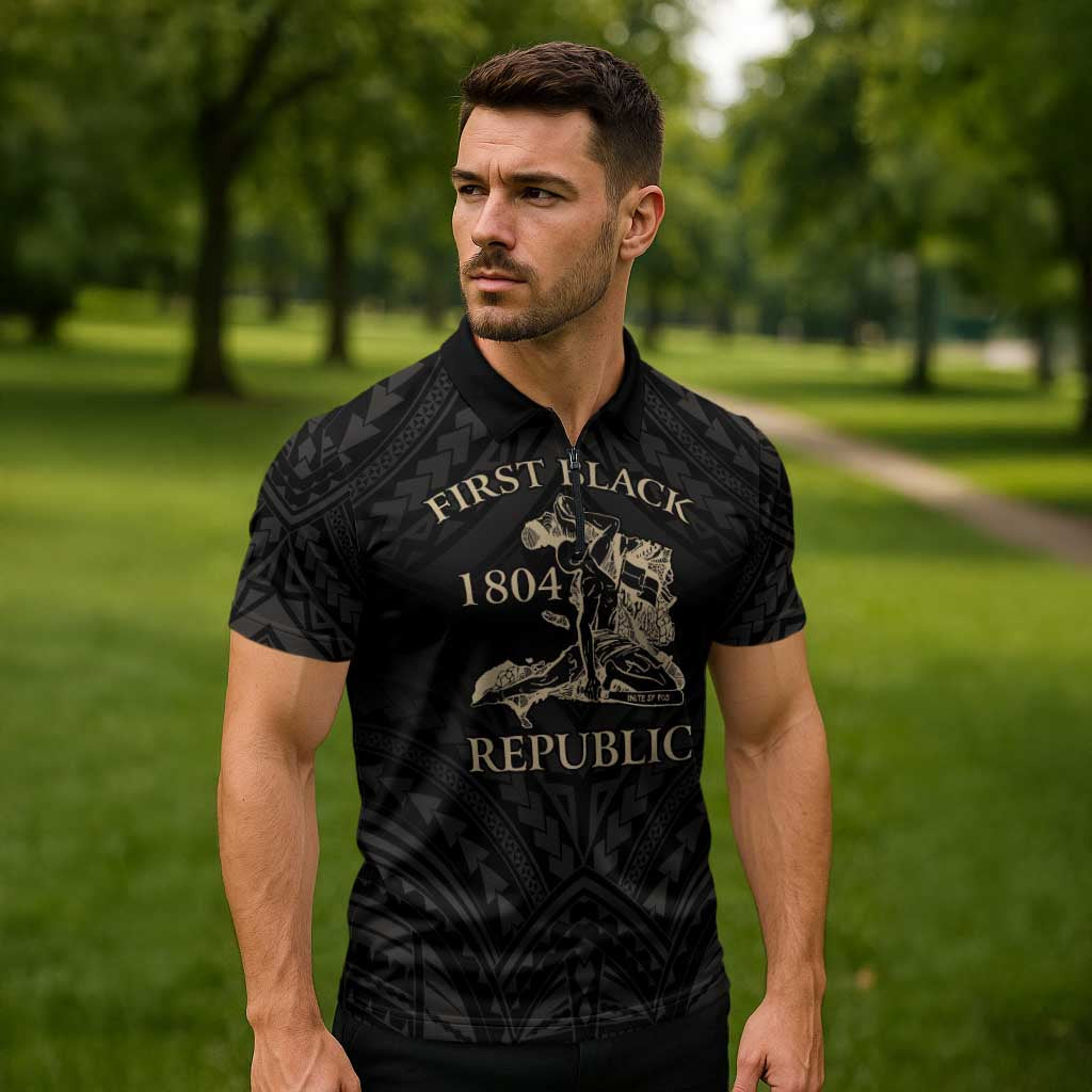 Personalized Haiti First Black Republic Zipper Polo Shirt Negre Marron With Map And Flag - Polynesian Pride
