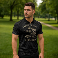 Personalized Haiti First Black Republic Zipper Polo Shirt Negre Marron With Map And Flag - Polynesian Pride