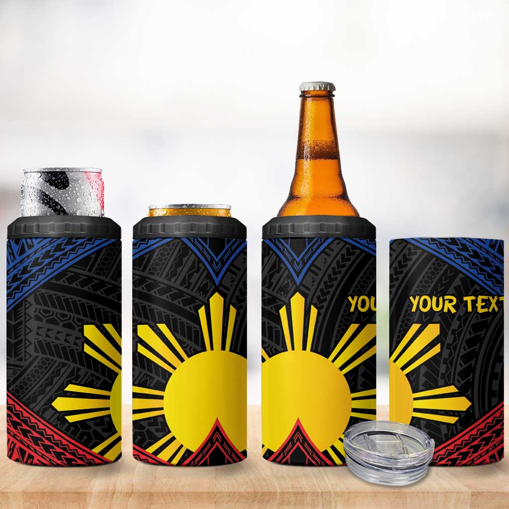 Personalized Philippines 4 in 1 Can Cooler Tumbler Polynesian Tribal Tattoo with Filipino Flag Motif