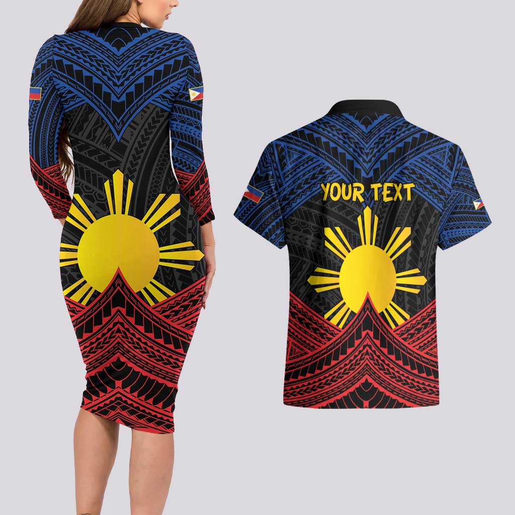 Personalized Philippines Couples Matching Long Sleeve Bodycon Dress and Hawaiian Shirt Polynesian Tribal Tattoo with Filipino Flag Motif