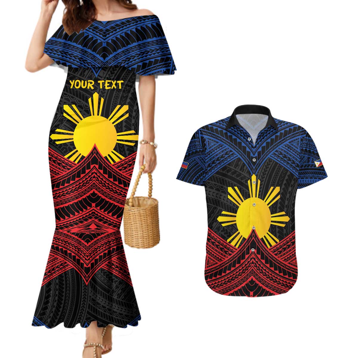 Personalized Philippines Couples Matching Mermaid Dress and Hawaiian Shirt Polynesian Tribal Tattoo with Filipino Flag Motif