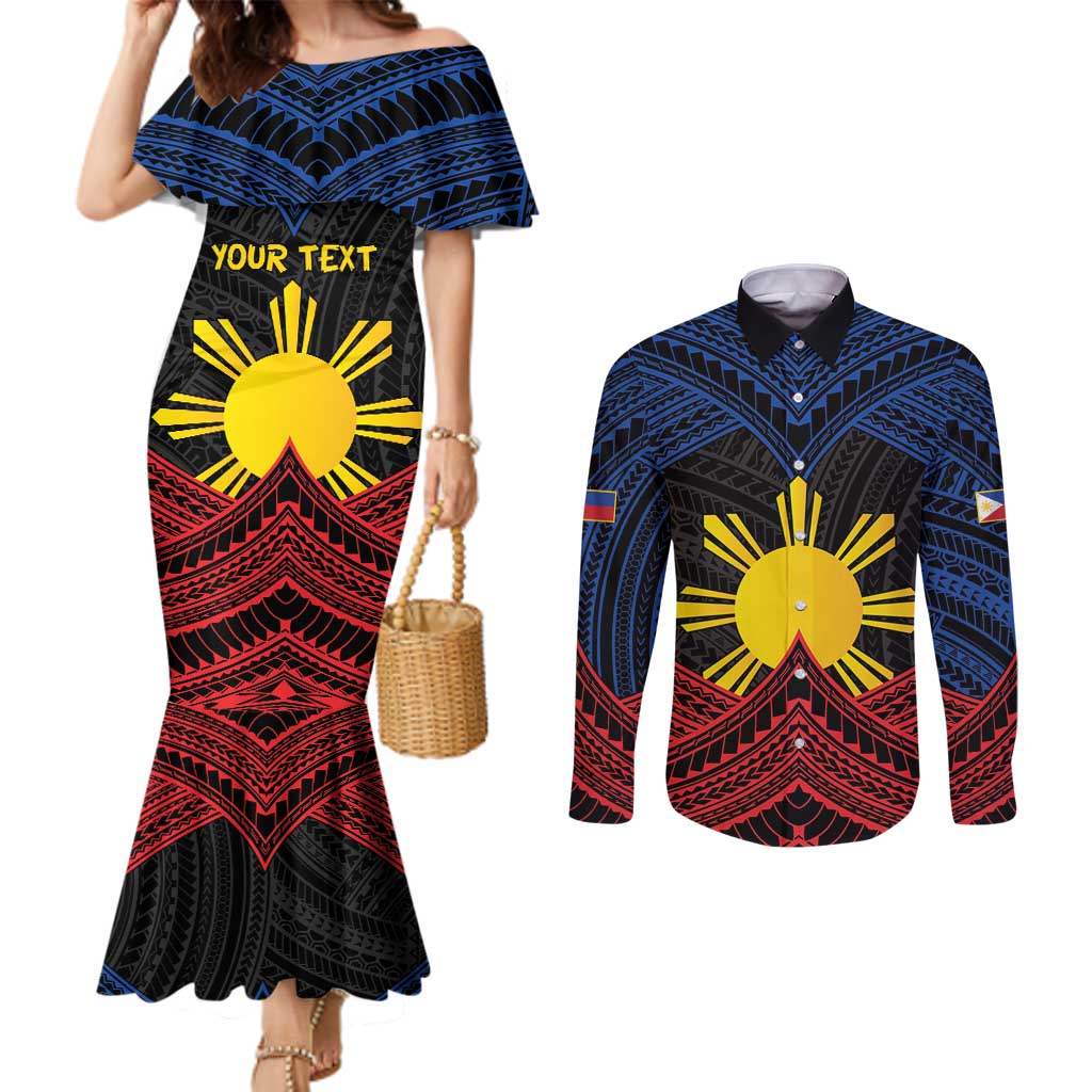 Personalized Philippines Couples Matching Mermaid Dress and Long Sleeve Button Shirt Polynesian Tribal Tattoo with Filipino Flag Motif