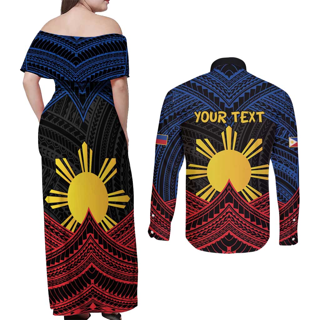 Personalized Philippines Couples Matching Off Shoulder Maxi Dress and Long Sleeve Button Shirt Polynesian Tribal Tattoo with Filipino Flag Motif