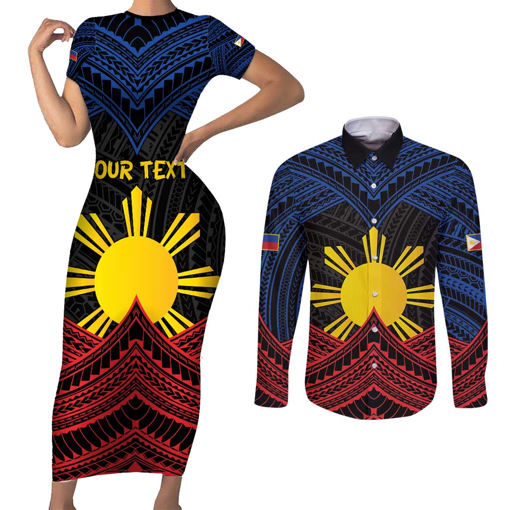 Personalized Philippines Couples Matching Short Sleeve Bodycon Dress and Long Sleeve Button Shirt Polynesian Tribal Tattoo with Filipino Flag Motif