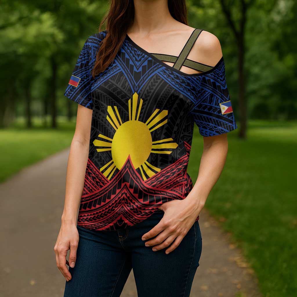Personalized Philippines Cross Shoulder Shirt Polynesian Tribal Tattoo with Filipino Flag Motif - Polynesian Pride