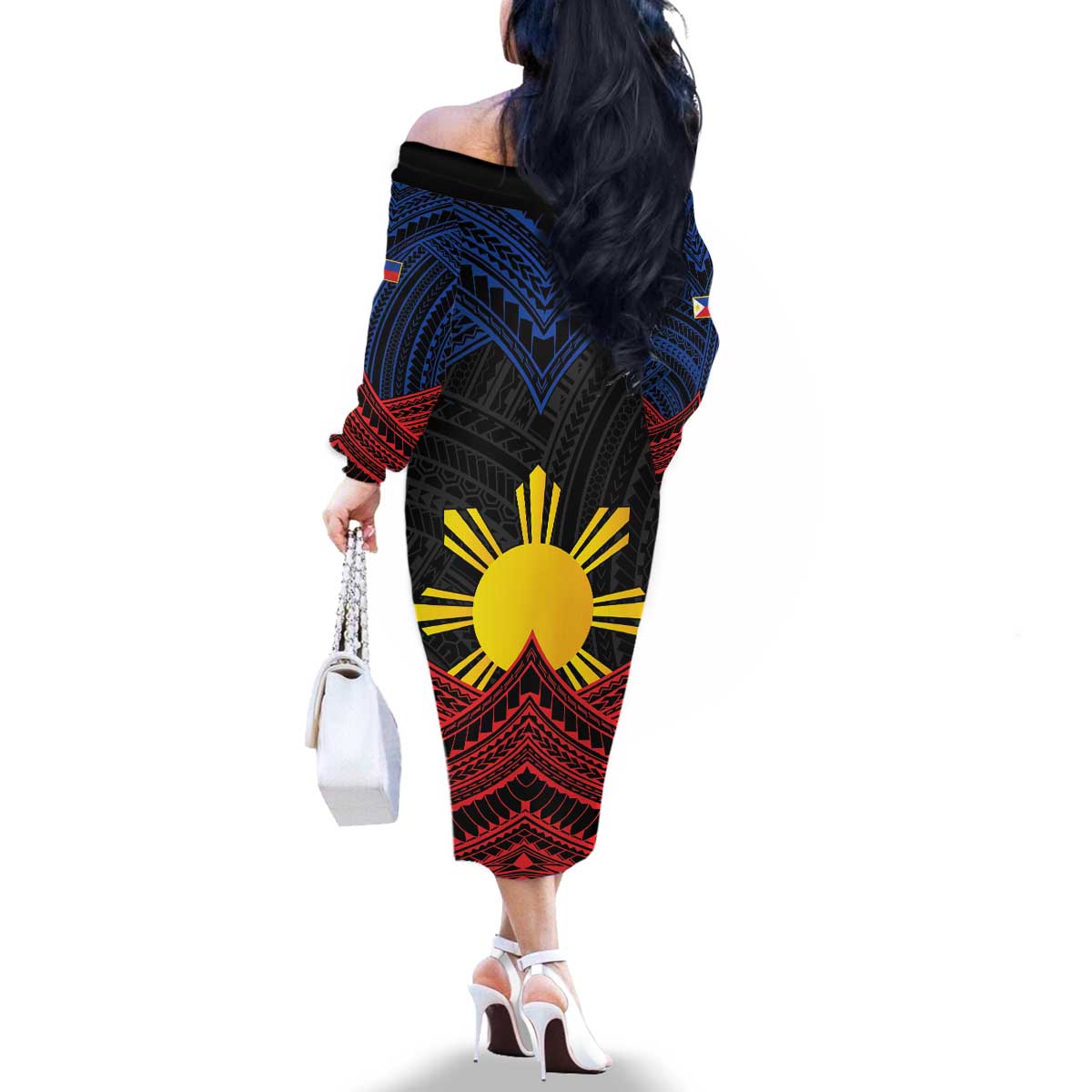 Personalized Philippines Family Matching Off The Shoulder Long Sleeve Dress and Hawaiian Shirt Polynesian Tribal Tattoo with Filipino Flag Motif