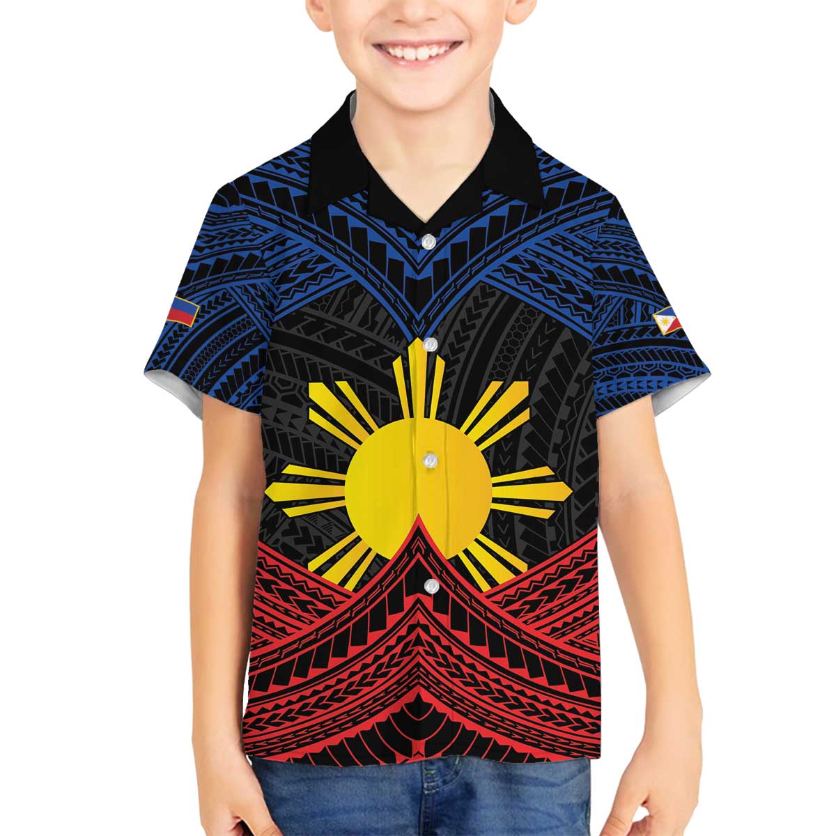 Personalized Philippines Family Matching Off The Shoulder Long Sleeve Dress and Hawaiian Shirt Polynesian Tribal Tattoo with Filipino Flag Motif