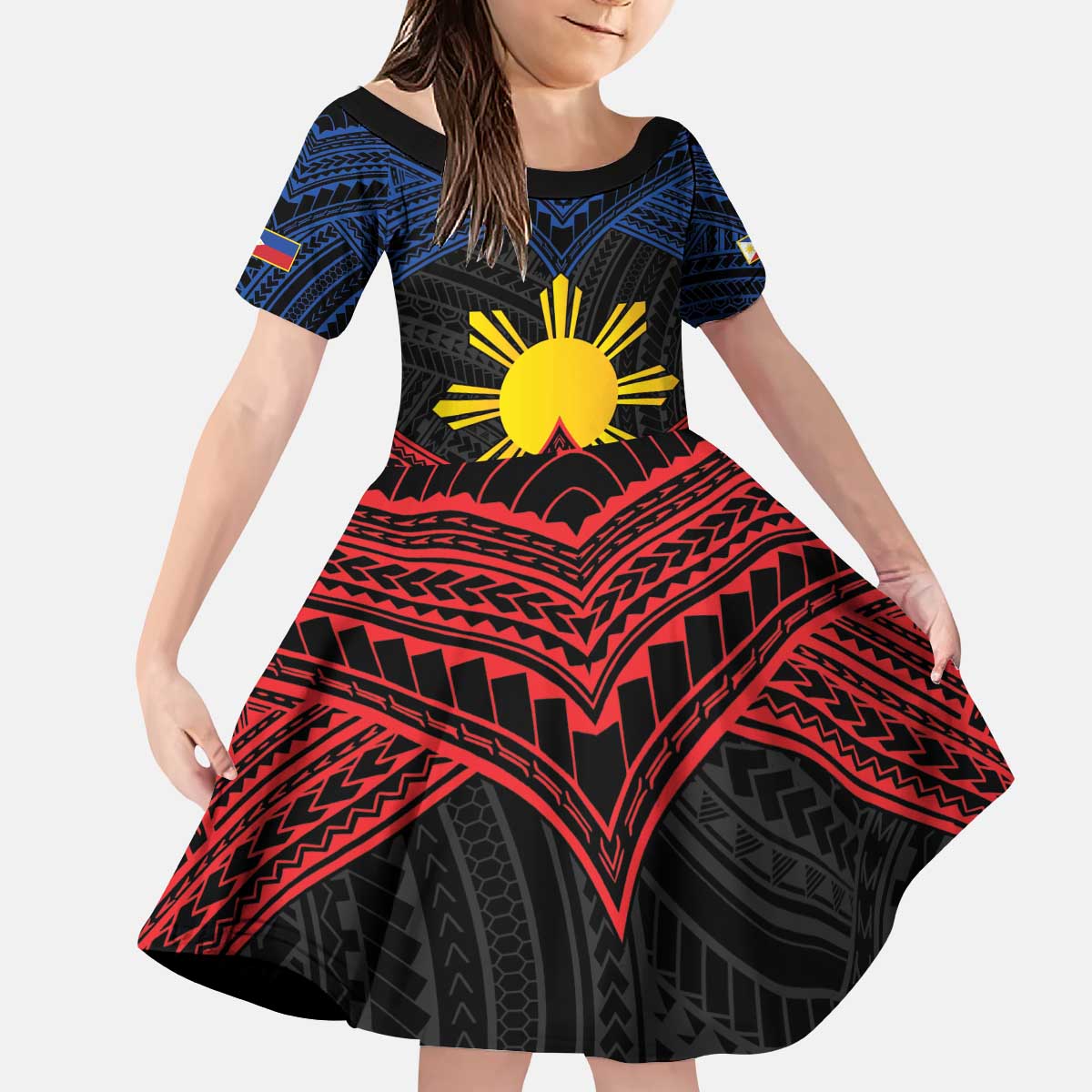 Personalized Philippines Kid Short Sleeve Dress Polynesian Tribal Tattoo with Filipino Flag Motif