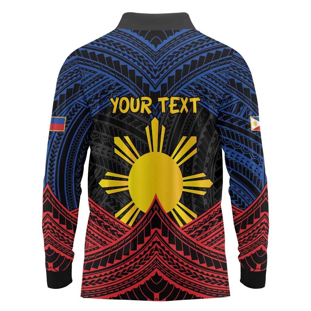 Personalized Philippines Long Sleeve Polo Shirt Polynesian Tribal Tattoo with Filipino Flag Motif