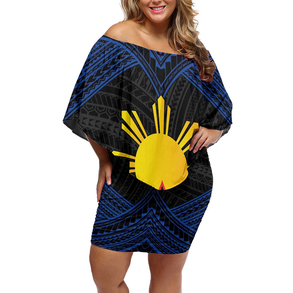 Personalized Philippines Off Shoulder Short Dress Polynesian Tribal Tattoo with Filipino Flag Motif