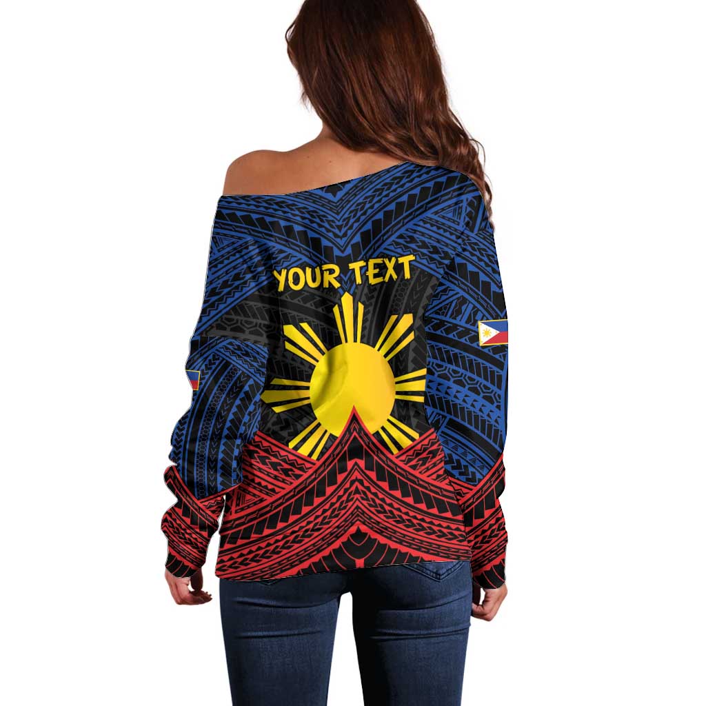 Personalized Philippines Off Shoulder Sweater Polynesian Tribal Tattoo with Filipino Flag Motif