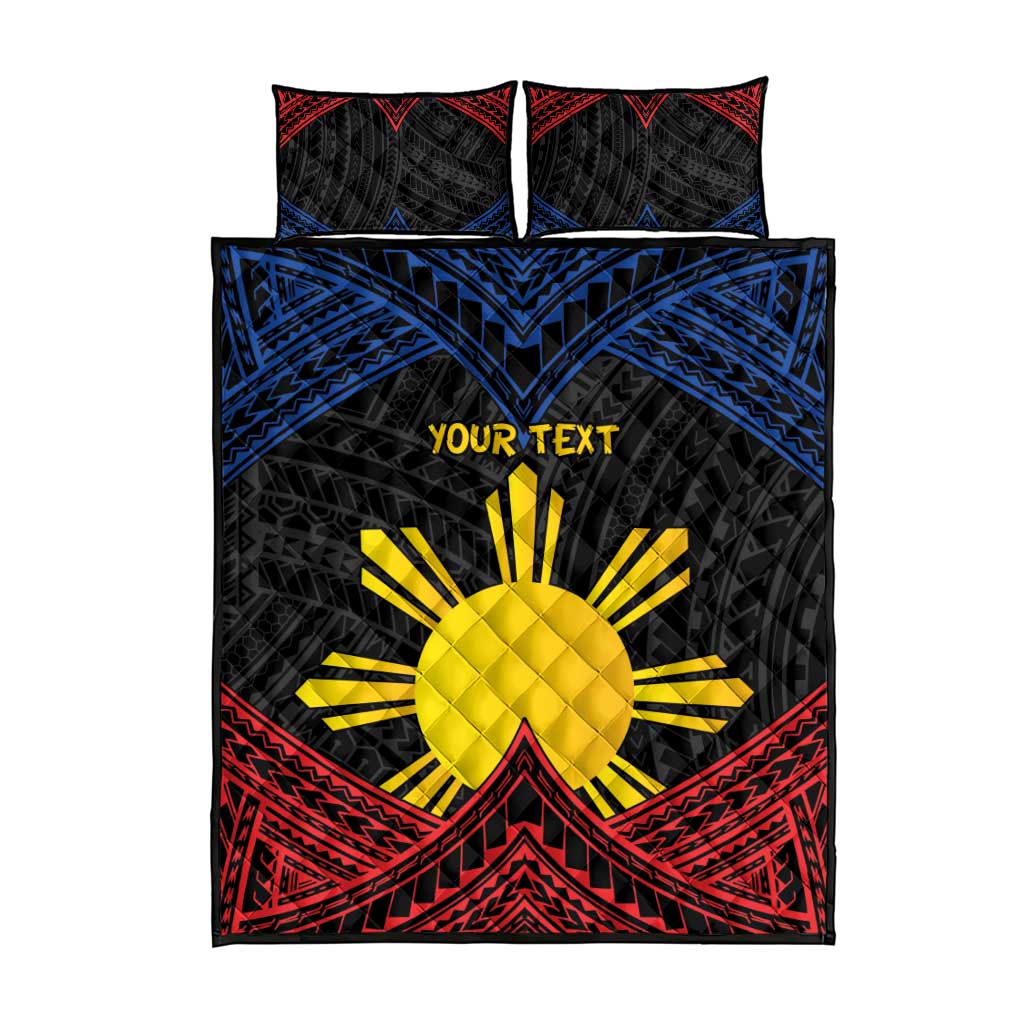 Personalized Philippines Quilt Bed Set Polynesian Tribal Tattoo with Filipino Flag Motif