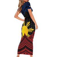 Personalized Philippines Short Sleeve Bodycon Dress Polynesian Tribal Tattoo with Filipino Flag Motif