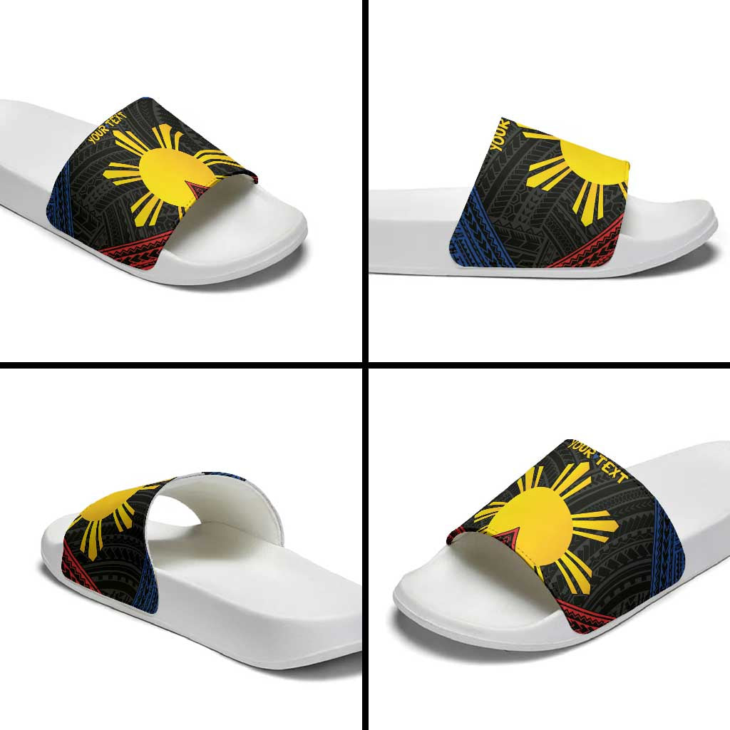 Personalized Philippines Slide Sandals Polynesian Tribal Tattoo with Filipino Flag Motif - Polynesian Pride