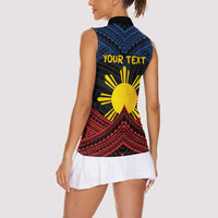 Personalized Philippines Women Sleeveless Polo Shirt Polynesian Tribal Tattoo with Filipino Flag Motif