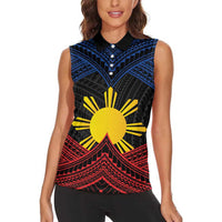 Personalized Philippines Women Sleeveless Polo Shirt Polynesian Tribal Tattoo with Filipino Flag Motif