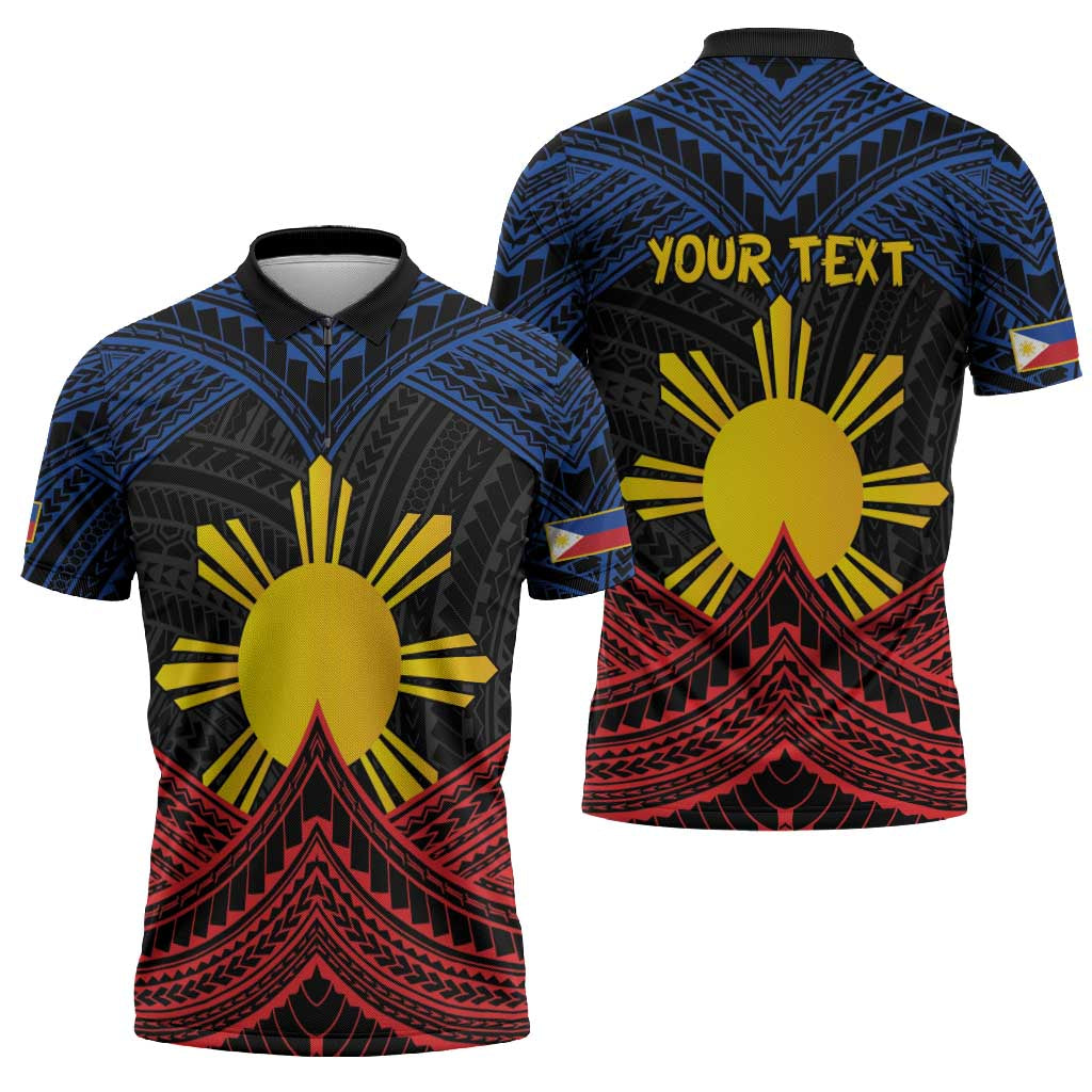 Personalized Philippines Zipper Polo Shirt Polynesian Tribal Tattoo with Filipino Flag Motif - Polynesian Pride