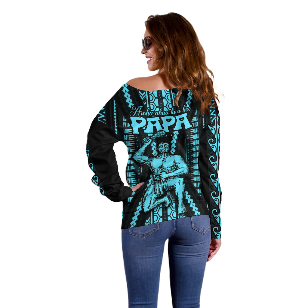 Aotearoa Father's Day Gift For Dad Off Shoulder Sweater Aroha Ahau Ki A Koe Papa - Aqua Maori Style Pattern LT9 - Polynesian Pride