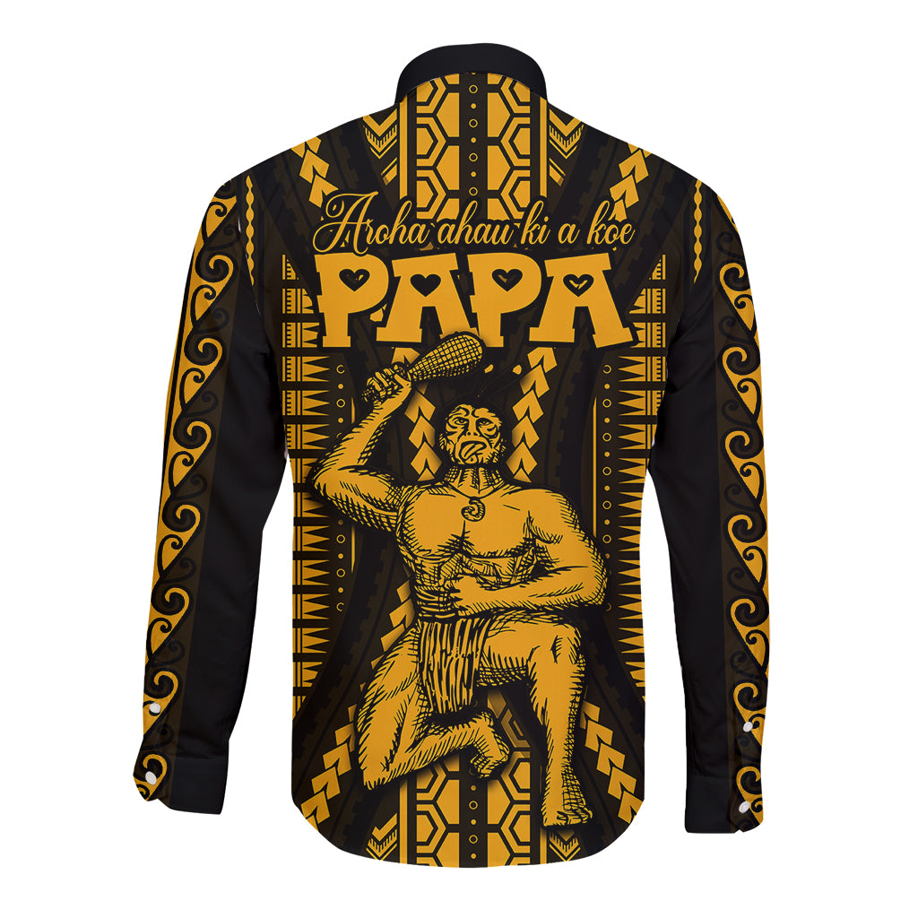 Personalised Aotearoa Father's Day Gift For Dad Long Sleeve Button Shirt Aroha Ahau Ki A Koe Papa - Gold Maori Style Pattern LT9 - Polynesian Pride