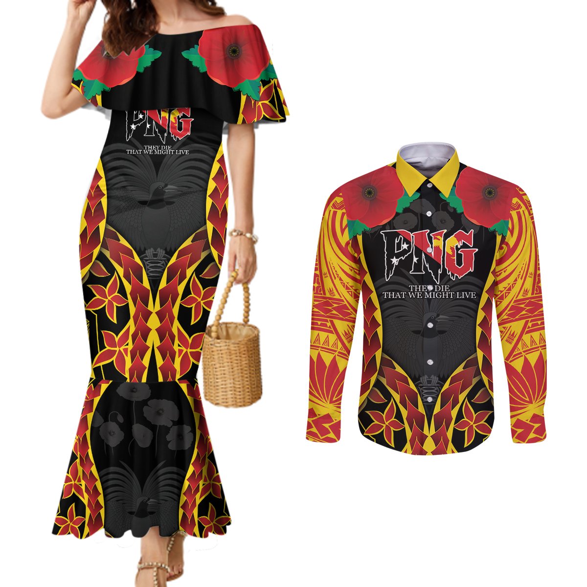 Personalised Papua New Guinea Remembrance Day Couples Matching Mermaid Dress and Long Sleeve Button Shirt LT9 Red - Polynesian Pride