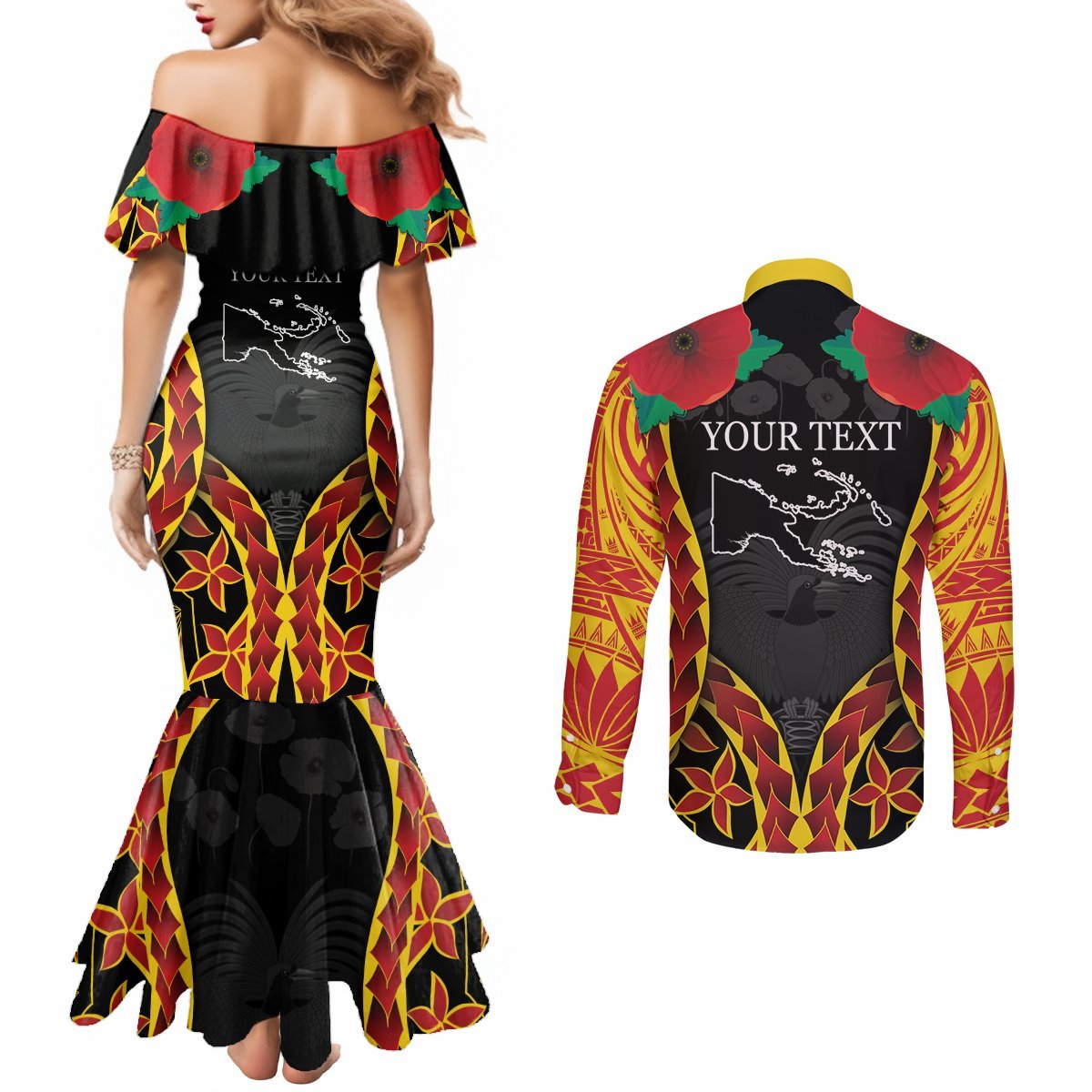 Personalised Papua New Guinea Remembrance Day Couples Matching Mermaid Dress and Long Sleeve Button Shirt LT9 - Polynesian Pride