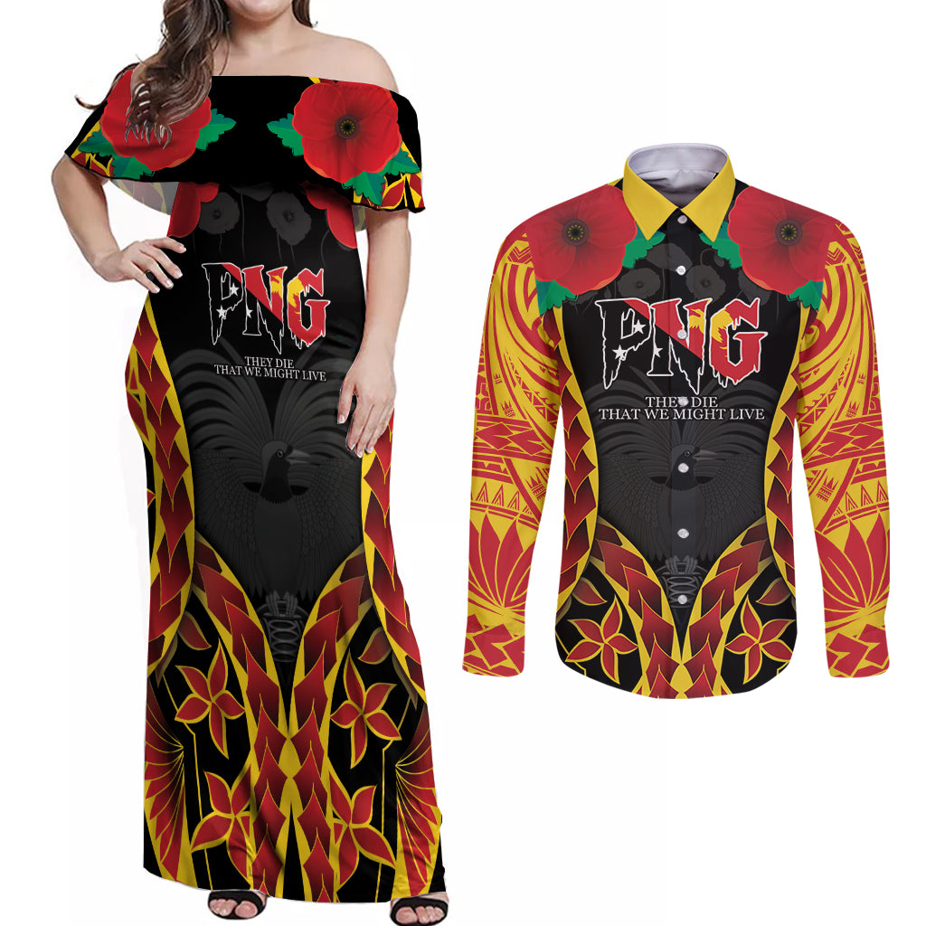 Personalised Papua New Guinea Remembrance Day Couples Matching Off Shoulder Maxi Dress and Long Sleeve Button Shirt