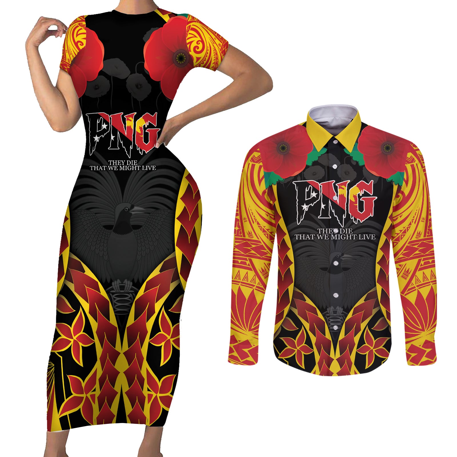 Personalised Papua New Guinea Remembrance Day Couples Matching Short Sleeve Bodycon Dress and Long Sleeve Button Shirt LT9 Red - Polynesian Pride
