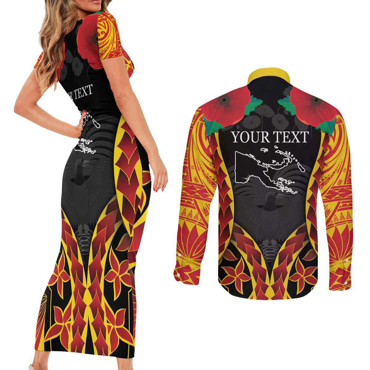Personalised Papua New Guinea Remembrance Day Couples Matching Short Sleeve Bodycon Dress and Long Sleeve Button Shirt LT9 - Polynesian Pride