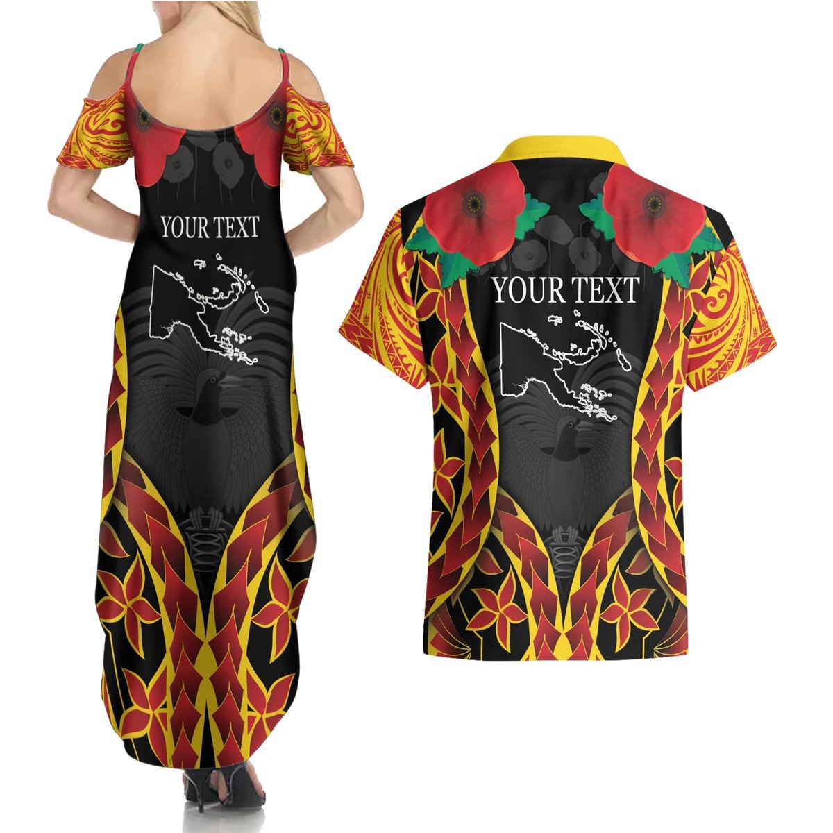 Personalised Papua New Guinea Remembrance Day Couples Matching Summer Maxi Dress and Hawaiian Shirt LT9 - Polynesian Pride