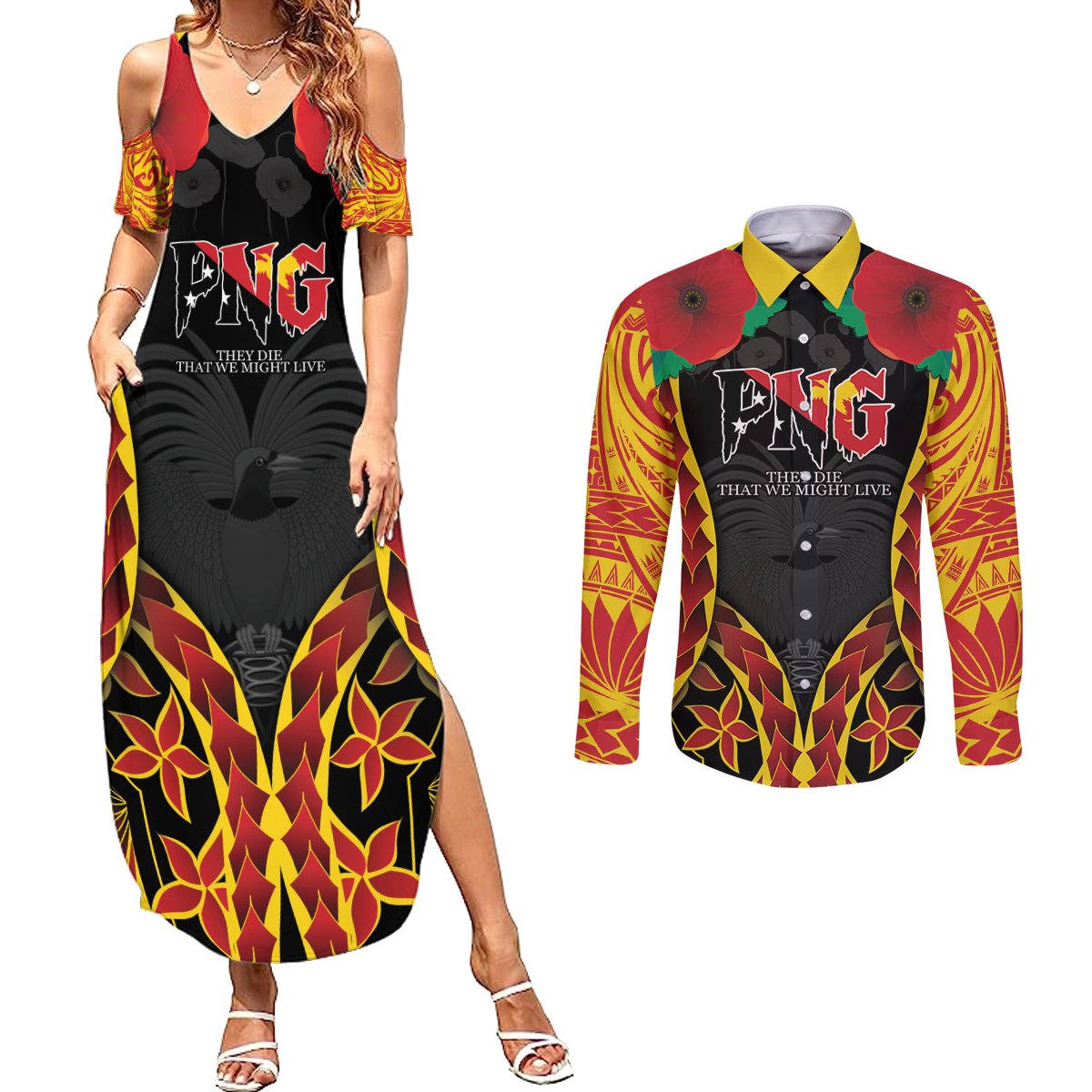 Personalised Papua New Guinea Remembrance Day Couples Matching Summer Maxi Dress and Long Sleeve Button Shirt LT9 Red - Polynesian Pride