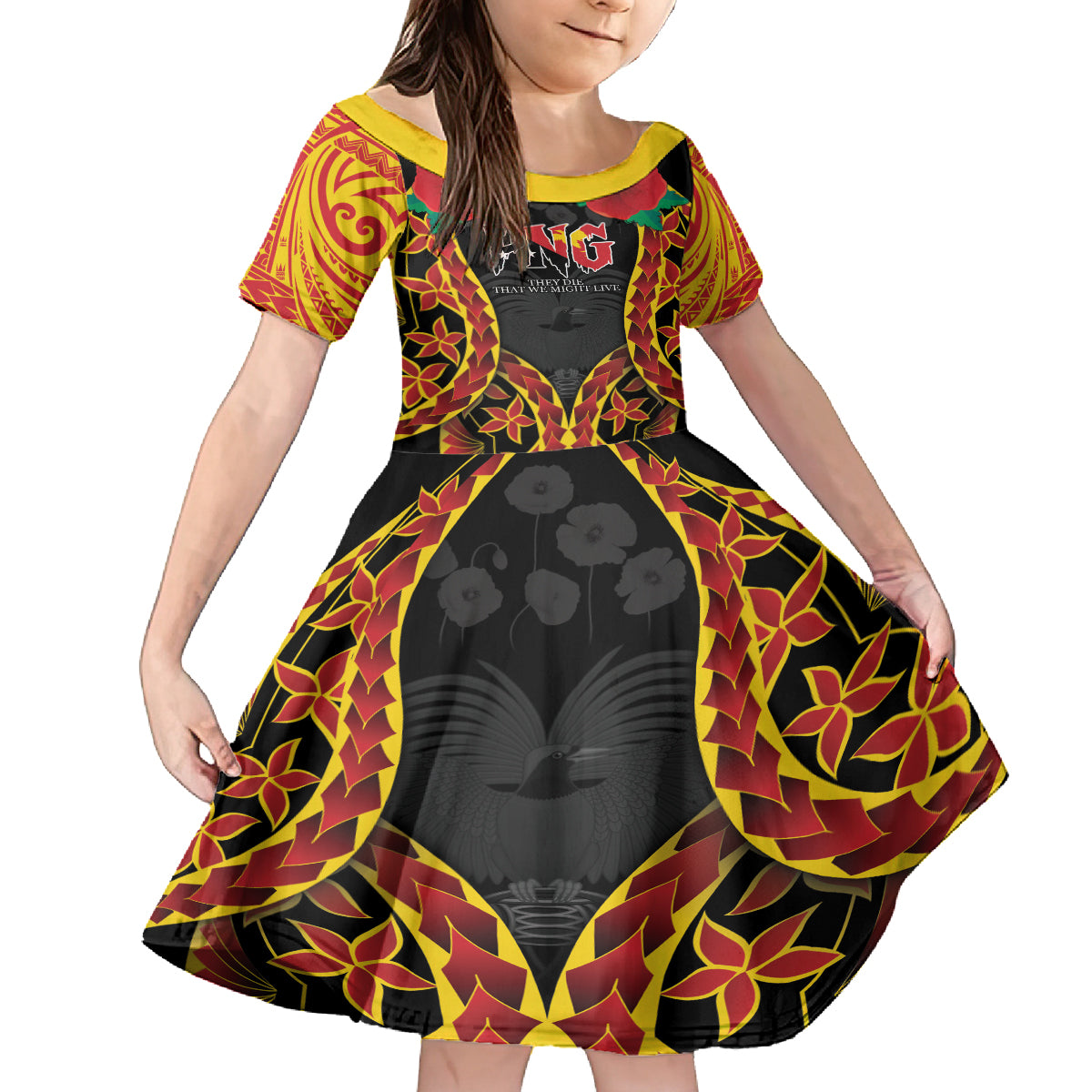 Personalised Papua New Guinea Remembrance Day Family Matching Off Shoulder Short Dress and Hawaiian Shirt LT9 Daughter's Dress Red - Polynesian Pride