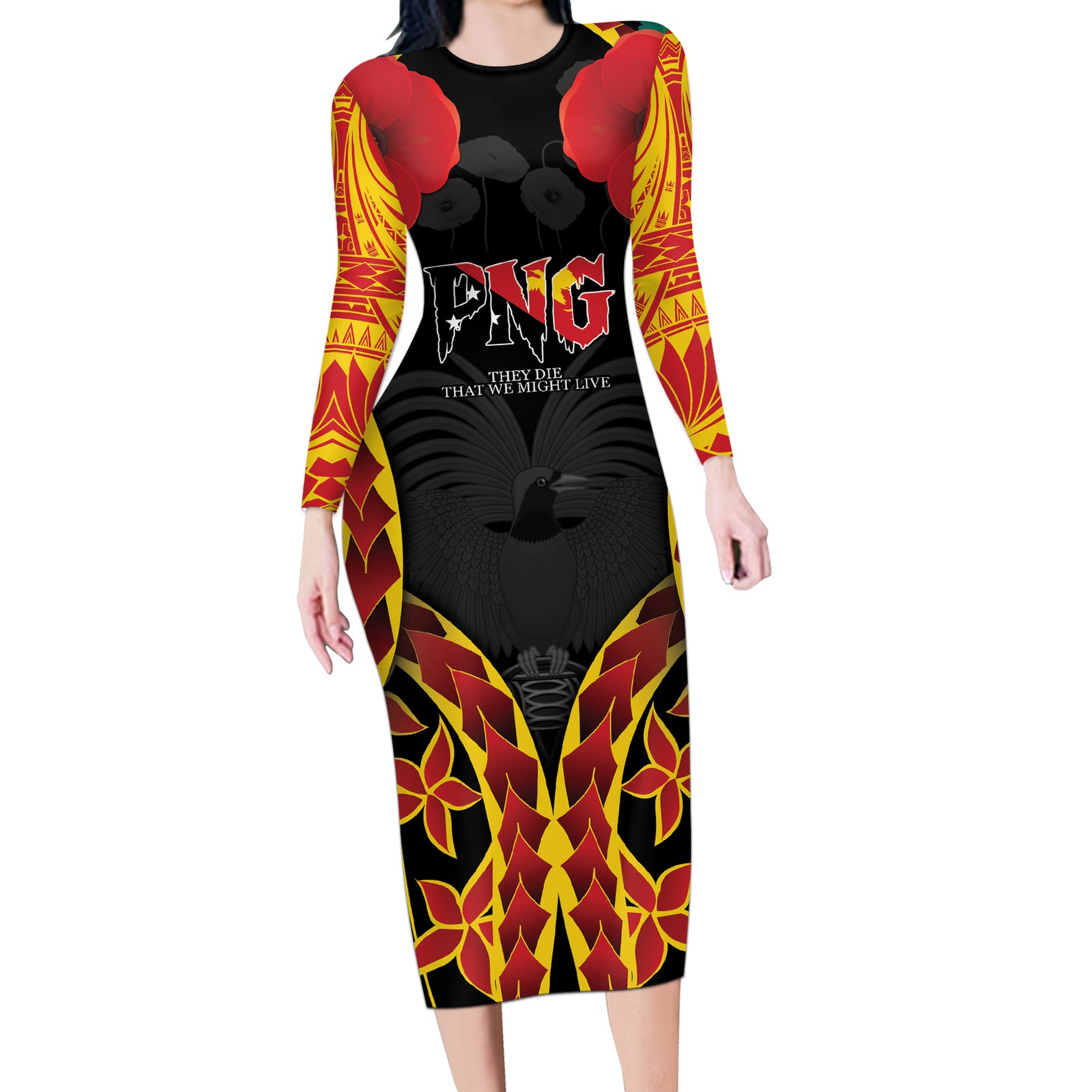 Personalised Papua New Guinea Remembrance Day Long Sleeve Bodycon Dress LT9 Long Dress Red - Polynesian Pride