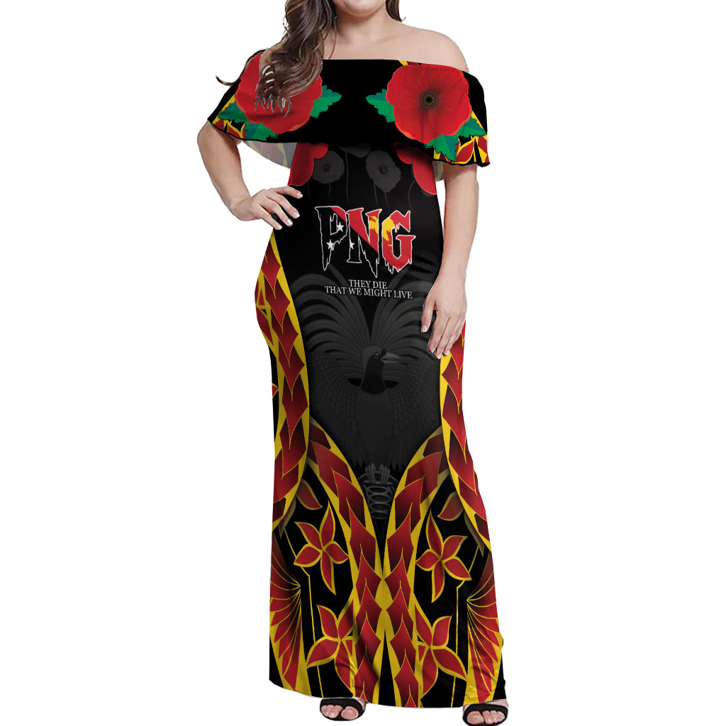 Personalised Papua New Guinea Remembrance Day Off Shoulder Maxi Dress LT9 Women Red - Polynesian Pride