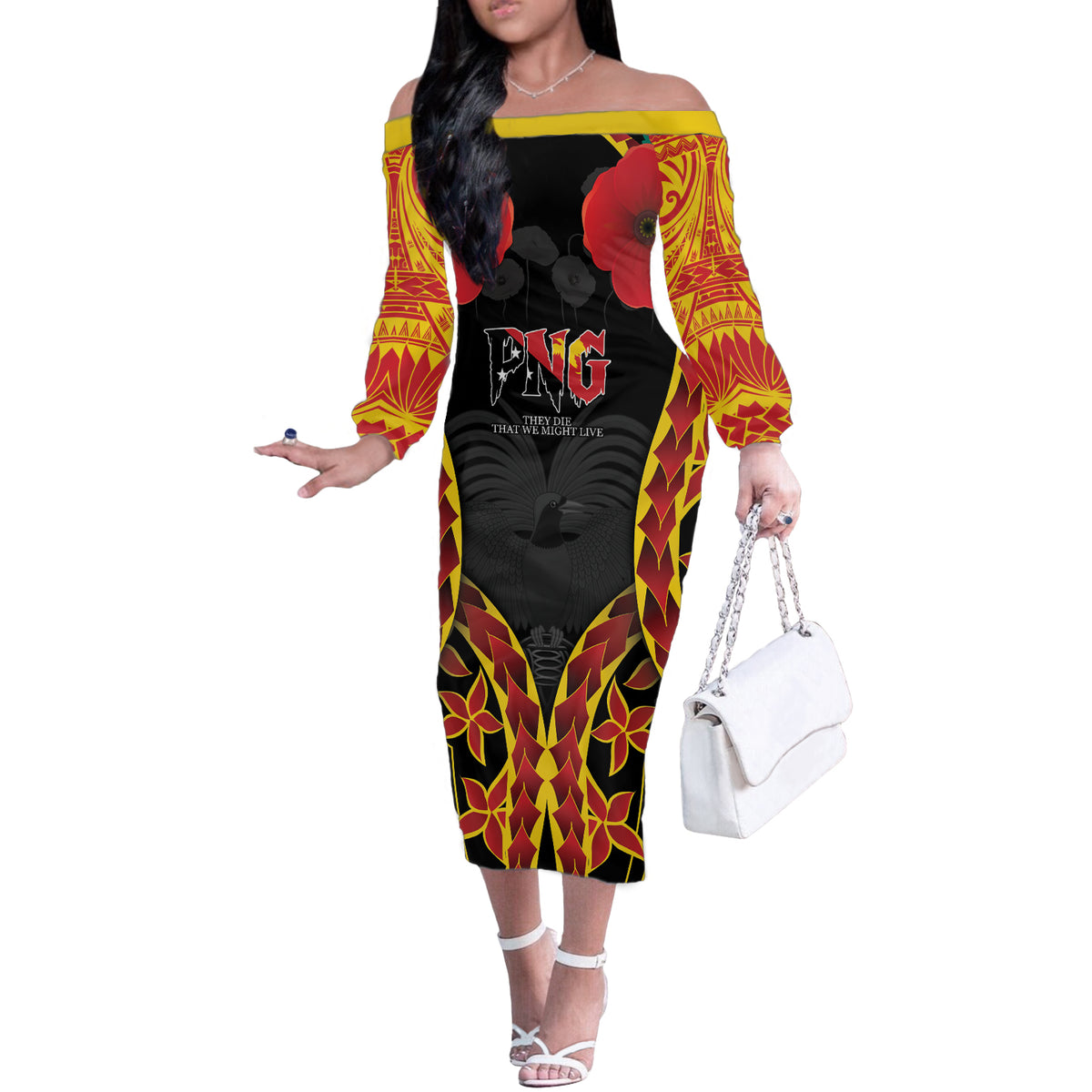 Personalised Papua New Guinea Remembrance Day Off The Shoulder Long Sleeve Dress LT9 Women Red - Polynesian Pride