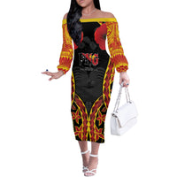 Personalised Papua New Guinea Remembrance Day Off The Shoulder Long Sleeve Dress LT9 Women Red - Polynesian Pride